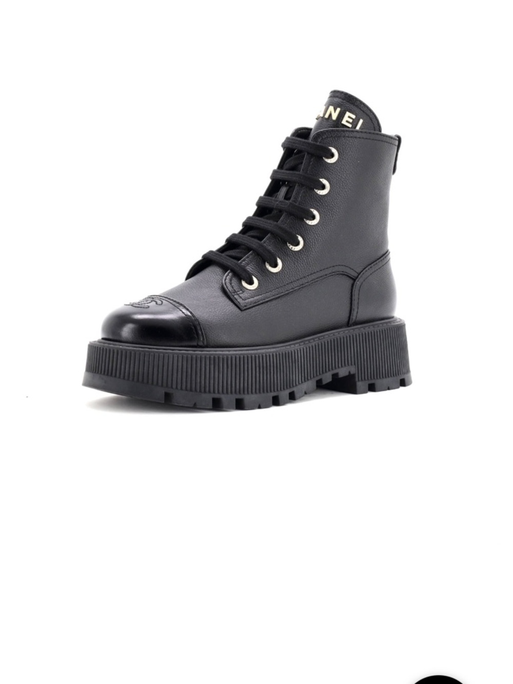CHANEL Black Leather Lace-Up Combat Boots with CC Cap Toe